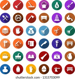 Color back flat icon set - shovel and rake vector, plow, 24 around, stamp, border cone, scissors, rubber glove, vacuum cleaner, iron, trowel, farm fork, wheelbarrow, pruner, boot, hoe, bench, axe