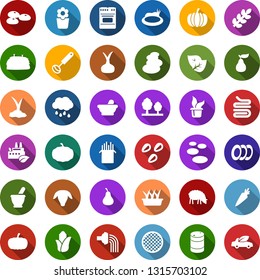 Color back flat icon set - leaf vector, seeds, mortar, sheep, hay, pumpkin, onion, carrot, pear, corn, spa, watering can, rain, plant label, pond, flower in pot, seedling, sproute, barrel, forest