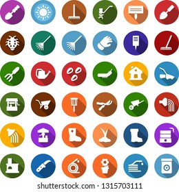 Color back flat icon set - well vector, flower in pot, trowel, garden fork, ripper, rake, watering can, wheelbarrow, sproute, pruner, glove, boot, lawn mower, lady bug, house, sun, hose, knife