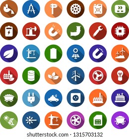 Color back flat icon set - fan vector, battery, sun panel, oil jack, mine trolley, leaf, windmill, pipeline, barrel, bulb, hydro power plant, plug, socket, factory, eco, gear, conveyor, canister