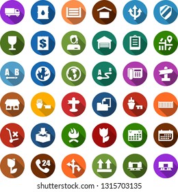 Color back flat icon set - route vector, signpost, navigation, earth, railroad, store, office phone, 24 hours, support, cargo container, car delivery, term, receipt, sea port, clipboard, fragile