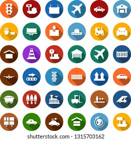 Color back flat icon set - tractor vector, plane, baggage conveyor, escalator, waiting area, alarm car, fork loader, ladder, border cone, seat map, luggage scales, globe, airport building, battery