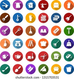 Color back flat icon set - plow vector, scissors, razor blade, hair dye, rubber glove, broom, fetlock, sponge, steaming, toilet brush, trowel, shovel, rake, ladder, watering can, bucket, saw, hoe