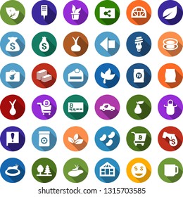 Color back flat icon set - leaf vector, fertilizer, onion, pear, bomb in case, left arrow, bitcoin card, cart, seedling, plant label, greenhouse, pond, forest, bulb, eco car, important flag, hot tea