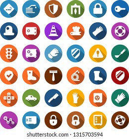 Color back flat icon set - security gate vector, smoking place, border cone, safe, lock, razor, rubber glove, chain, boot, hose, unmanned car, traffic light, shield, key, attention sign, siren