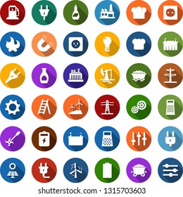 Color back flat icon set - power plug vector, ripper, ladder, fire, battery, sun panel, oil jack, mine trolley, gas station, windmill, bulb, hydro plant, line pillar, socket, factory, gear, magnet