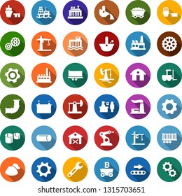Color back flat icon set - barn vector, passport control, fork loader, mining, garbage pile, offshore oil platform, jack, mine trolley, pipeline, thermal power plant, battery, hydro, factory, gear