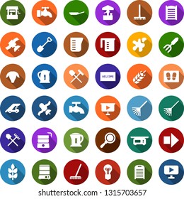 Color back flat icon set - spike vector, shovel and rake, sheep, right arrow, ladder car, water tap, splotch, welcome mat, washboard, garden fork, well, bulb, satellite, presentation board