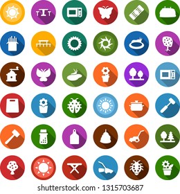 Color back flat icon set - sun vector, hay, fruit tree, cafe, flower in pot, lawn mower, butterfly, lady bug, pond, picnic table, forest