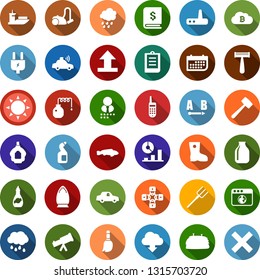 Color back flat icon set - sun vector, rain, distilizer, fish, hay, parfume, razor, bitcoin cloud, lock chain, presentation graph, broom, vacuum cleaner, iron, cleaning agent, ripper, lawn mower