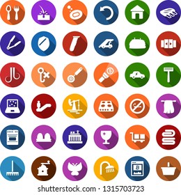 Color back flat icon set - ribs vector, hay, spoon and fork, automatic door, escalator, no smoking, ladder car, razor, electric, hair iron, wave of, depilation, bitcoin site, notebook blocks, soap