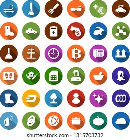 Color back flat icon set - rabbit vector, baggage larry, make up brush, mortar, hair straightening, woman, bitcoin sign, dash, blockchain molecule, plunger, shine, welcome mat, steaming, house hold