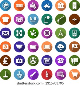 Color back flat icon set - plane vector, hood dryer, phone, bitcoin, blockchain shield, chip, mop, ladder, saw, earth, eco factory, nuclear, unmanned car, draw, office, cargo container, route, pound