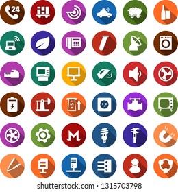 Color back flat icon set - satellite antenna vector, tv, wireless notebook, radar, electric razor, hair iron, monero sign, steaming, washer, fan, battery, oil jack, mine trolley, leaf, pipeline, atm