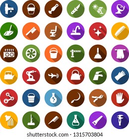 Color back flat icon set - bucket vector, plane radar, barrier, comb, rubber glove, hairdresser chair, mining equipment, lock chain, cooling, plunger, water tap, fetlock, mop, car, scoop, farm fork