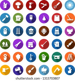 Color back flat icon set - sowing vector, pear, rake, sprayer, shovel, watering, pruner, lawn mower, butterfly, fire, house, seedling, well, sickle, garden knife, picnic table, flower in pot, ladder