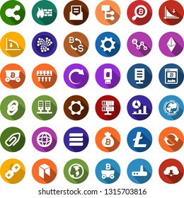 Color back flat icon set - etherium vector, litecoin sign, iota, neo, mining, down graph, bitcoin exchange, site, bag, search, blockchain molecule, chain, lock, presentation, earth, connection, gear