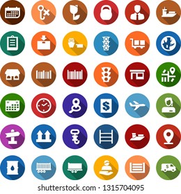 Color back flat icon set - signpost vector, navigation, earth, pin, store, plane, traffic light, support, client, sea shipping, truck trailer, clock, term, receipt, port, container, clipboard, cargo