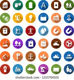 Color back flat icon set - offshore oil platform vector, fan, battery, sun panel, jack, leaf, windmill, barrel, bulb, hydro power plant, line pillar, forest, conveyor, canister, water drop, unmanned