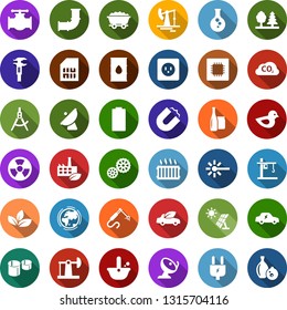 Color back flat icon set - battery vector, sun panel, oil jack, mine trolley, leaf, flask, pipeline, earth, barrel, power plug, socket, forest, eco factory, gear, bird, nuclear, tower crane, car