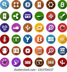 Color back flat icon set - credit card vector, bitcoin sign, ripple, dash, iota, site, search, chip, safe, blockchain molecule, column, garden fork, bench, cpu, satellite antenna, barcode, big data