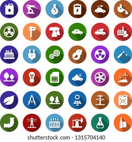 Color back flat icon set - fan vector, battery, sun panel, oil jack, leaf, flask, windmill, pipeline, thermal power plant, bulb, hydro, line pillar, plug, forest, eco factory, gear, canister, bird