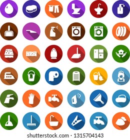 Color back flat icon set - soap vector, plunger, scraper, bucket and broom, water tap, rake, scoop, clothespin, sponge, drop, window cleaning, iron, steaming, bath, toilet, drying clothes, washer