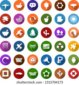 Color back flat icon set - field vector, mortar, fish, berry, radar, wave of hair, eyelashes, woman, blockchain molecule, cube, scraper, splotch, tree, sun, forest, water drop, cpu, satellite, term