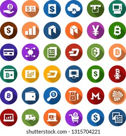 Color back flat icon set - credit card vector, wallet, dash sign, iota, monero, neo, growth graph, bitcoin palm, cloud, shield, cart, blockchain cube, column, receipt, yen, insurance, atm, check