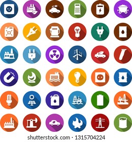 Color back flat icon set - electric razor vector, power plug, fire, offshore oil platform, battery, sun panel, jack, gas station, windmill, barrel, bulb, hydro plant, line pillar, socket, factory