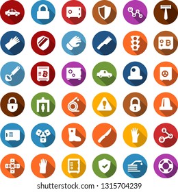 Color back flat icon set - security gate vector, alarm car, safe, lock, razor, rubber glove, bitcoin, chain, boot, hose, unmanned, traffic light, shield, attention sign, siren, lifebuoy