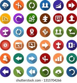 Color back flat icon set - elevator vector, signpost, right arrow, left, down graph, growth, route, navigation, up side sign, sorting, exchange, dollar sun, pin, cloud, redo, undo, cursor, browser