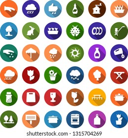 Color back flat icon set - rain vector, sowing, rabbit, umbrella, sun, shining window, flower in pot, ripper, tree, butterfly, lady bug, seedling, plant label, picnic table, forest, tulip