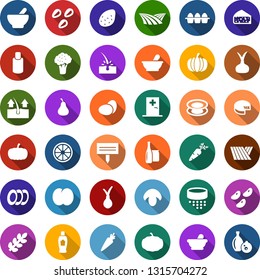 Color back flat icon set - field vector, broccoli, mortar, eggs, mushroom, pumpkin, potato, onion, carrot, orange, pear, plum, cheese, medical room, depilation, shampoo, plant label, seeds