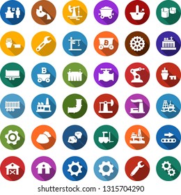 Color back flat icon set - barn vector, passport control, fork loader, mining, garbage pile, offshore oil platform, jack, pipeline, thermal power plant, battery, hydro, factory, gear, conveyor