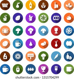 Color back flat icon set - field vector, broccoli, milk, eggs, mushroom, potato, onion, carrot, orange, pear, plum, corn, hot cup, shampoo, cooling, shining window, seedling, plant label, leaf, tea