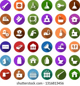 Color back flat icon set - manger vector, tv, plunger, scraper, water tap, broom, vacuum cleaner, welcome mat, iron, steaming, bath, toilet, house hold, sink, saw, fireplace, power socket, draw, key