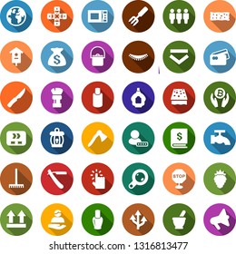 Color back flat icon set - mortar vector, berry, razor, nail polish, shampoo, parfume, shaving brush, eyelashes, bitcoin palm, lock chain, sponge, water tap, trowel, boot, sun, garden fork, rake