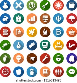 Color back flat icon set - sun vector, rabbit, escalator, alarm clock, stamp, bed, shower, seat map, cloack, towel, bitcoin sign, growth graph, basket, trash bin, splotch, rubber glove, garden fork