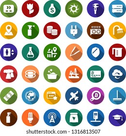 Color back flat icon set - antenna vector, elevator, sun, hair iron, sprayer, mining equipment, bitcoin card, search, rake, foam basin, shower, plant label, pond, fertilizer, offshore oil platform