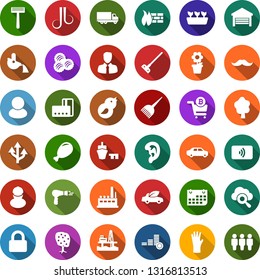 Color back flat icon set - wool vector, ham, fruit tree, hair dryer, ear, credit card, mustache, razor, dye, rubber glove, wave of, bitcoin cart, flower in pot, seedling, hoe, offshore oil platform