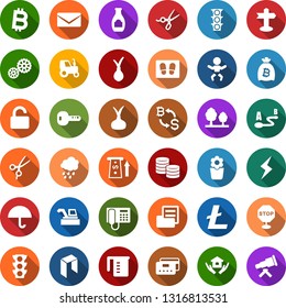 Color back flat icon set - rain vector, onion, harvester, tractor, baby, scissors, phone, litecoin sign, storm, neo, bitcoin exchange, bag, welcome mat, house hold, rake, ripper, flower in pot, gear