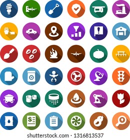Color back flat icon set - baby vector, plane, boarding, cooling, rake, tree, pumpkin, trowel, shovel, water drop, seeds, picnic table, fertilizer, fan, thermal power plant, bird, bulb, eco car