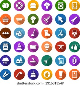 Color back flat icon set - broccoli vector, rain, border cone, safe, scissors, pump sprayer, creme, razor, basket, broom, clothespin, sponge, washer, fence, caterpillar, rake, boot, saw, hoe, axe