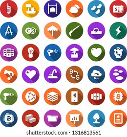 Color back flat icon set - automatic door vector, umbrella, phone alarm, luggage storage, hair dryer, spa, storm sign, bitcoin exchange, presentation graph, chip, garbage pile, water tap, greenhouse