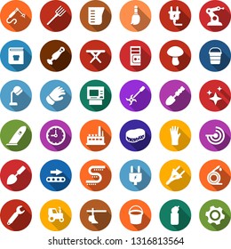 Color back flat icon set - tractor vector, plow, bucket, radar, hair trimmer, hood dryer, rubber glove, power plug, broom, sponge, car fetlock, cleaning agent, rake, hose, sickle, picnic table, atm