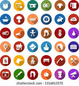 Color back flat icon set - shovel and rake vector, sheep, rabbit, duck, pear, plum, smoking place, baby, reception, mirror, shaving brush, woman hair, beard, cube, bitcoin column, foam basin, fence