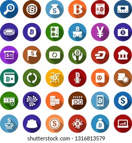 Color back flat icon set - bitcoin sign vector, dash, iota, mining, equipment, palm, bag, globe, chip, shield, safe, phone, column, wallet, yen, dollar coin, exchange, cash, credit card, insurance