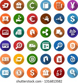 Color back flat icon set - credit card vector, ripple sign, dash, iota, neo, mining, bitcoin exchange, search, globe, shield, wheelbarrow, wallet, dollar, euro, yen, cent, coin, bank, atm, money