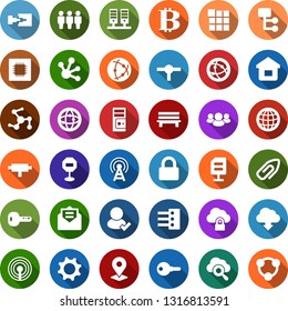 Color back flat icon set - antenna vector, bitcoin sign, cpu, connect, connection, network, server, cloud glass, lock, gear, menu, hub, home, bench, download, mail, globe, hierarchy, document, key